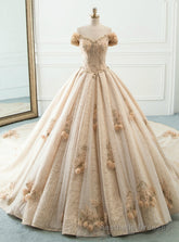 Champagne Tulle Sequins Off The Shoulder With Long Train Wedding Dress